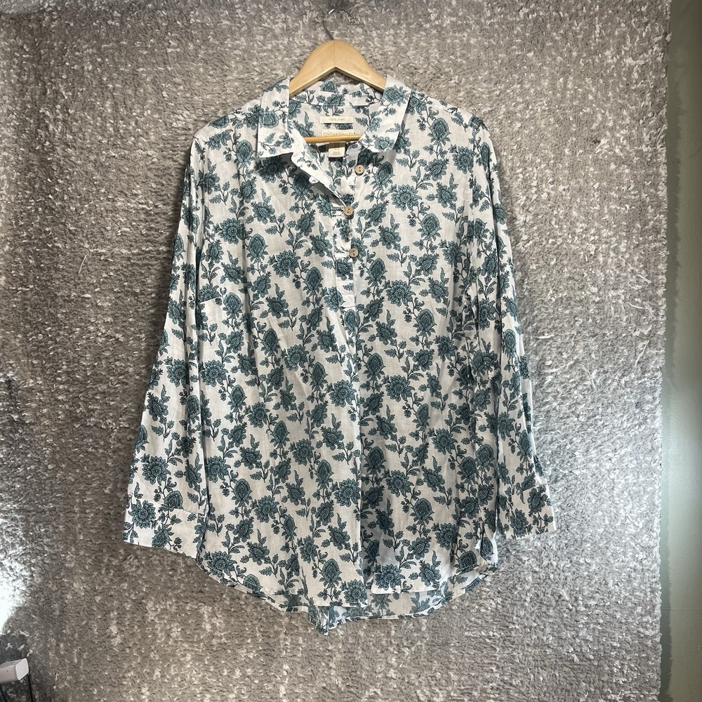 Cynthia Rowley Womens 1X Linen Floral Roll Tab Sleeve Popover Blouse Top Coastal